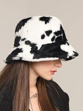 DNLKWGO Women Winter Bucket Hat Fuzzy Warm Hat Cow Print Style Faux Fur Cap